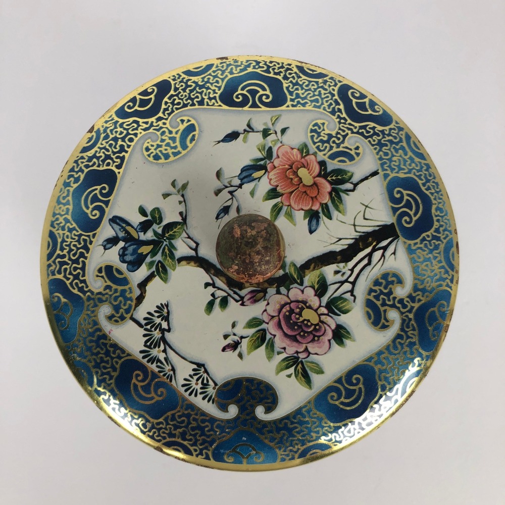 VTG Daher England Floral Tin Canister Blue Gold Chinoiserie 11101 5.5 inch - Picture 11 of 11